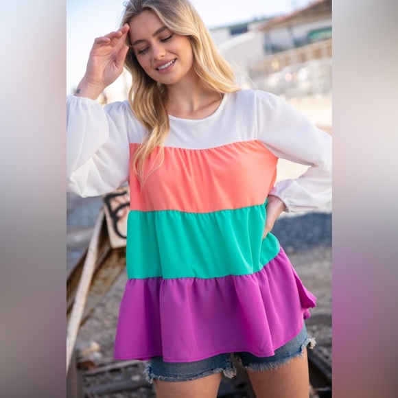 Ivory & Peach Woven Crepe Tiered Blouse - Picture 7 of 13